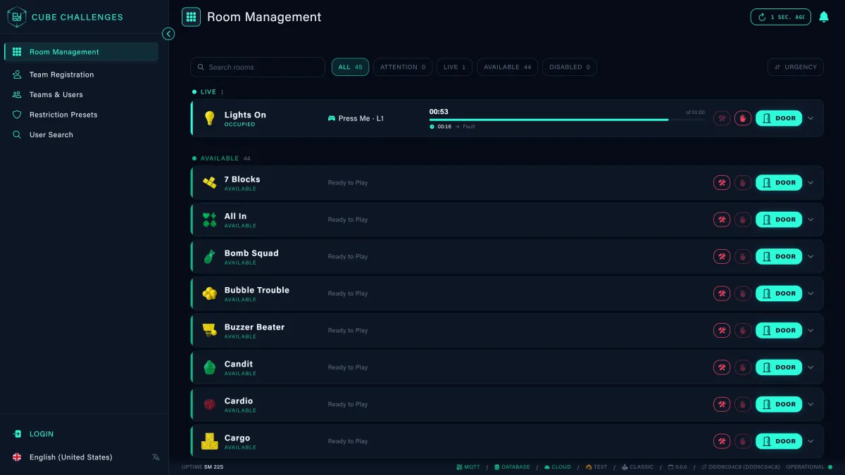 Die Raumverwaltung der Main-Control-App in CUBE OS: jeder Raum mit Status, Modus, Level und Aktionen
