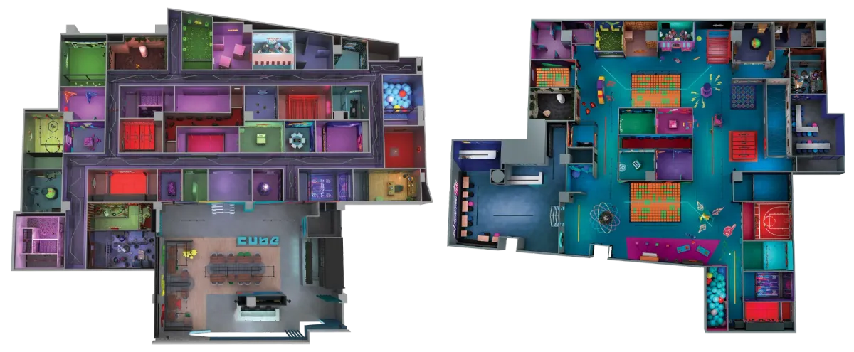Two CUBE floor plans seen from above: a Standard Format venue with closed themed challenge rooms off central corridors, and an open Arena floor with the games laid out in the open