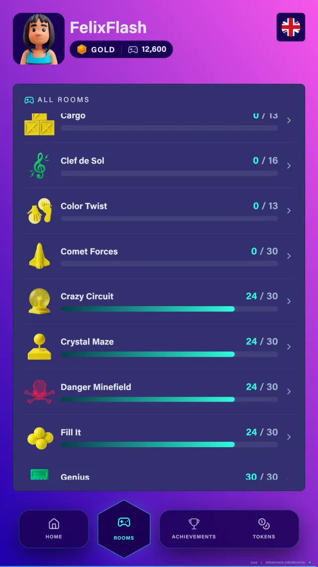 Die Live-Progress-Scoreboard-App: Punkte der Session, Spiele, bestes Spiel, Erfolge und Tokens